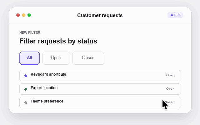 A short looping GIF showing an Open filter update a list of customer requests.